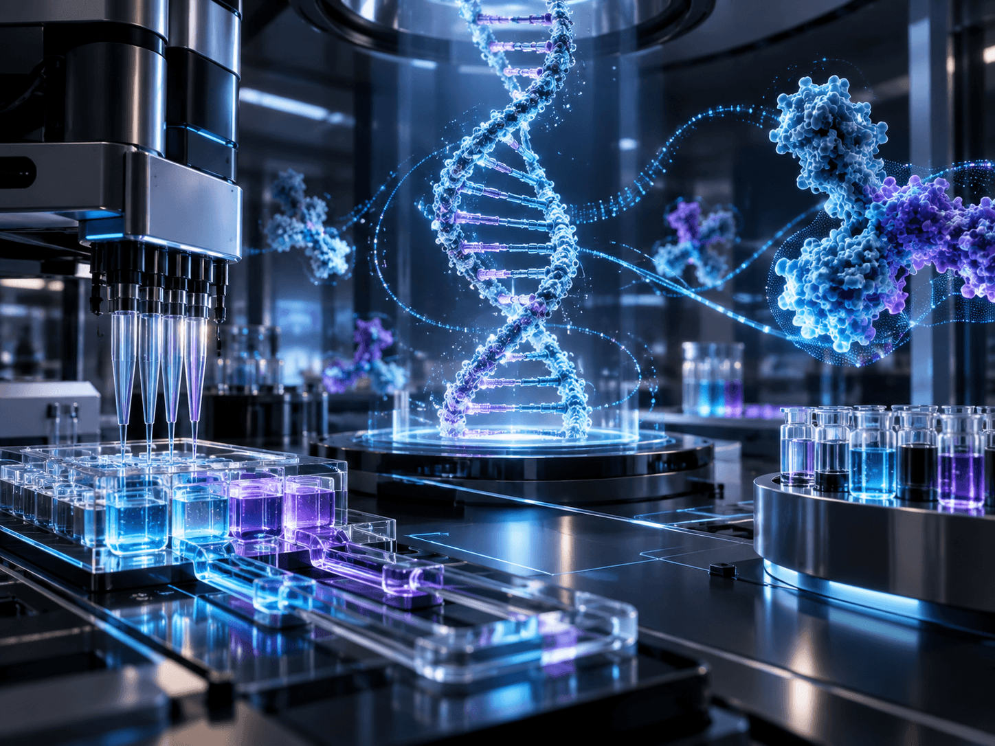A computational biology laboratory with DNA and protein models